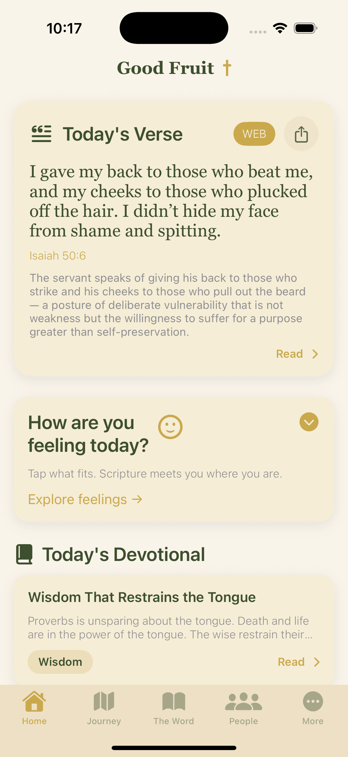 Good Fruit home screen showing today's verse from Isaiah 50:6 and the day's devotional